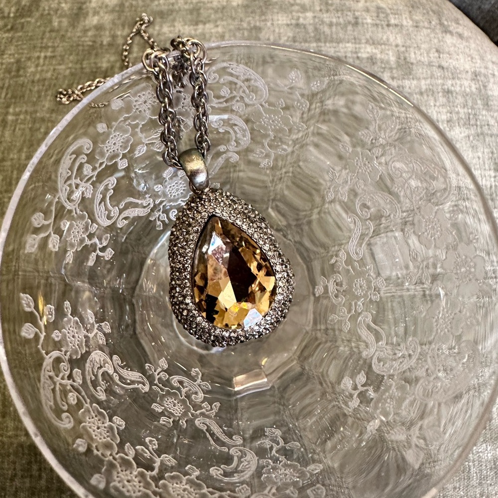 Gold and Silver Teardrop Pendant Necklace with Topaz colored Stone
